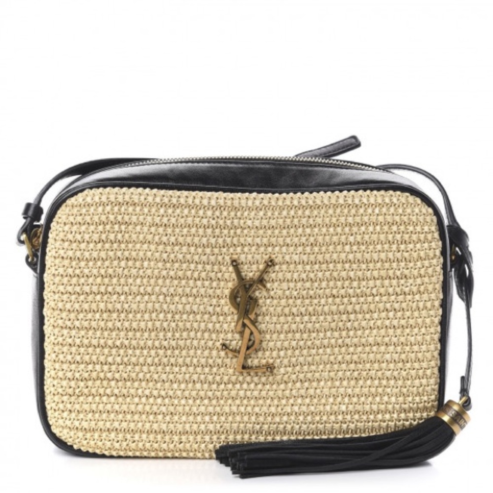 Saint Laurent Raffia canvas monogram Lou camera bag black beige